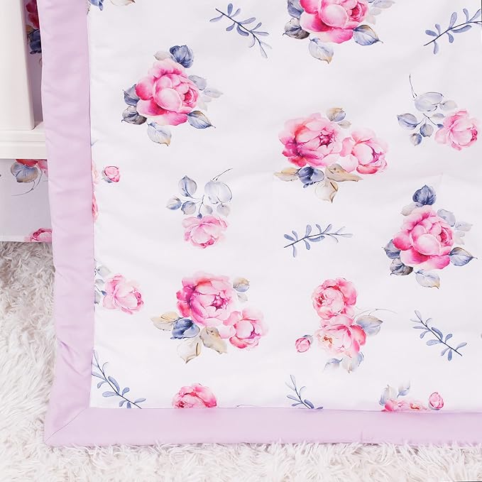 Belsden Floral 3 Piece Crib Bedding Set for Baby Boys Girls, Classic Nursery Bedding Essential Including Comforter, Crib Sheet and Crib Skirt, Ultra Soft Cozy, Floral Purple-CubbioJoy