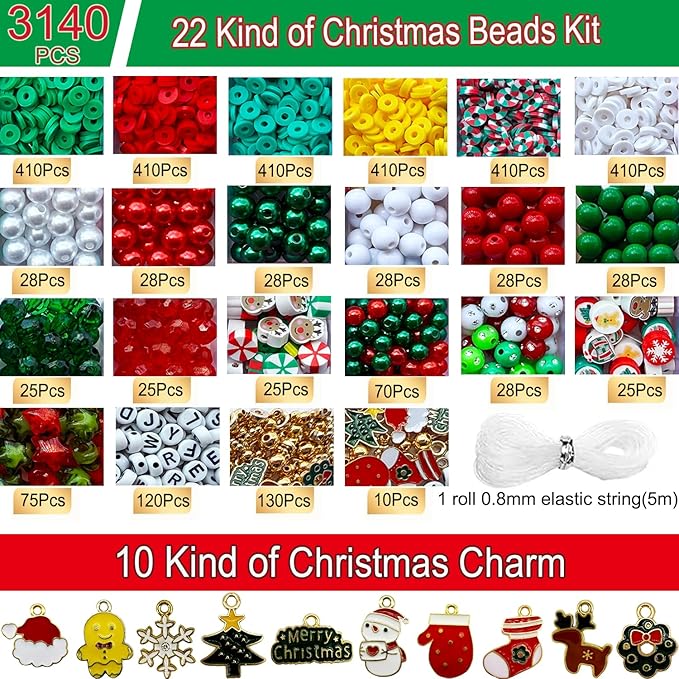 3140PCS Christmas Bracelet Making Kit, Christmas Beads Charms for Bracelets Jewelry Making Red Green Xmas Clay Acrylic Crystal Star Round Beads Letter Spacer Beads for Necklace Making DIY Crafts-CubbioJoy
