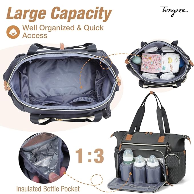 Diaper Bag Tote, Large Baby Diaper Bags Waterproof, Hospital Bag for Labor Delivery with Pacifier Case, Changing Pad, Shoulder Strap, Dark Gray-CubbioJoy