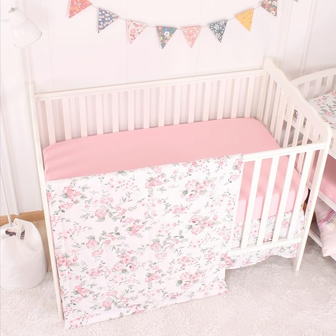 CaSaJa Baby 3-Piece Crib Bedding Set for Boys Girls, Including Soft Quilted Comforter(Blanket), Fitted Crib Sheet and Skirt, Soft Nursery Bedding Set Made of Silky Comfy Materials, Watercolor Floral-CubbioJoy