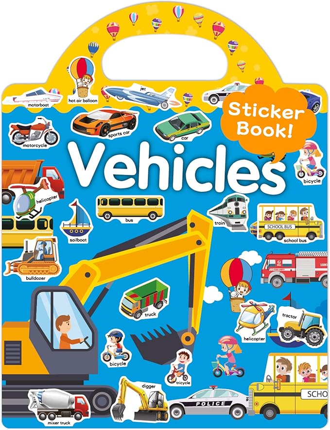 Benresive Reusable Sticker Book for Toddlers 2-4 Years, Fun Travel Stickers for Kids, Waterproof Sticker Books for Toddlers 1-3, Crafts Activities for Todddlers 1-3 2-4 3-5 - Vehicle-CubbioJoy