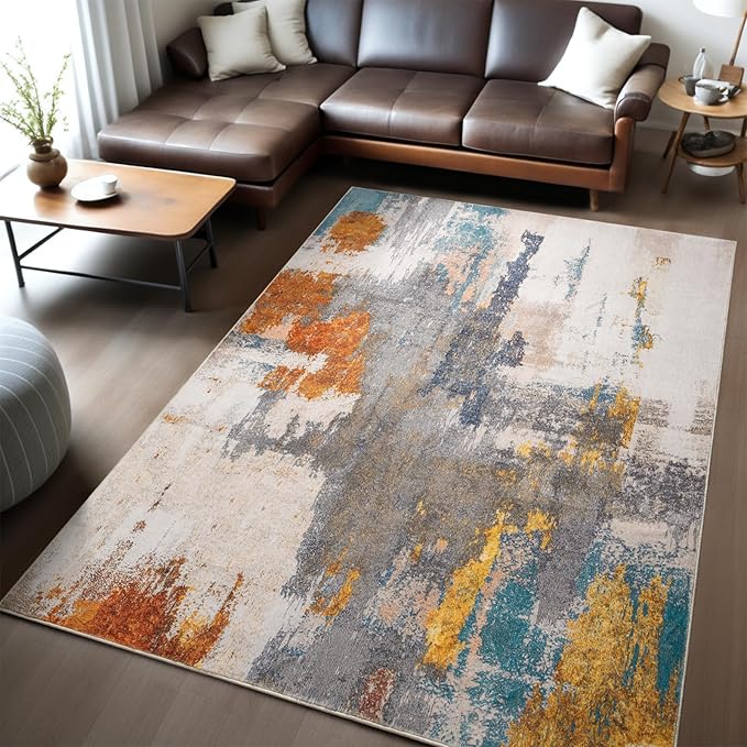 Kelarea Living Room Rug, 5x7 Rug Modern Abstract Washable Rugs Grey Faux Wool Vintage Carpets, Non Slip Rug for Bedroom, Dining Room, College Dorm, Kids Playroom, Home Office-CubbioJoy