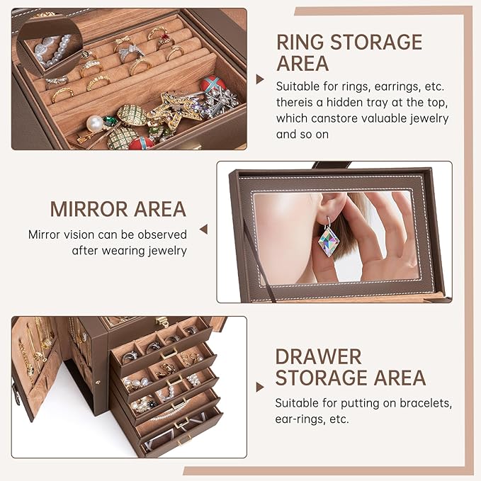 AKOZLIN 6-Tier Jewelry Box Organizer Functional 5 Drawers Leather Jewelry Storage Case for Women Girls Ring Necklace Earring Bracelet Holder Organizer with Mirror Brown-CubbioJoy
