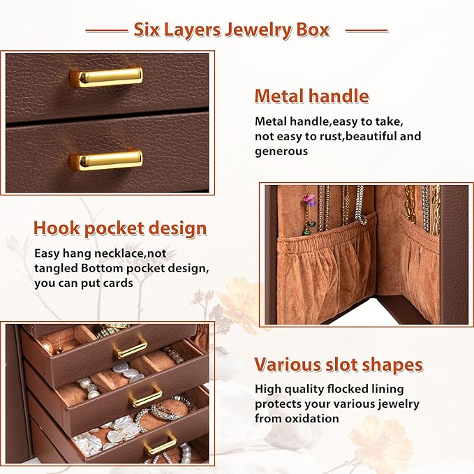 AKOZLIN Jewelry Box Organizer Functional Leather Jewelry Storage Case for Women Girls Ring Necklace Earring Bracelet Holder Organizer with Mirror Brown-CubbioJoy