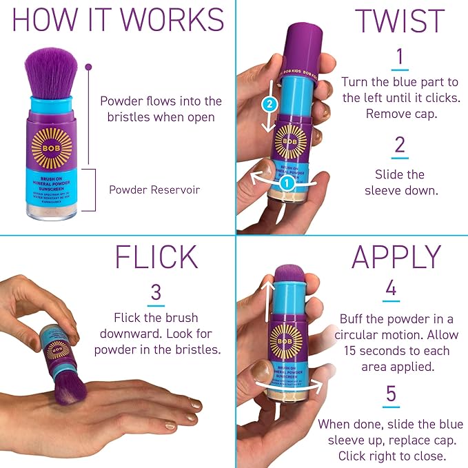 BOB KIDS SPF 30 Brush On Mineral Powder Sunscreen, Broad Spectrum Protection, Water Resistant 80 Mins, Fragrance Free, Easy to Apply for Kids & Babies, Mfg in USA-CubbioJoy