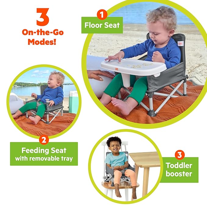 Bright Starts Pop 'N Sit Portable Booster, Indoor/Outdoor Use, Floor Seat with Feeding Tray, Grey, 6 Mos - 3 Yrs-CubbioJoy