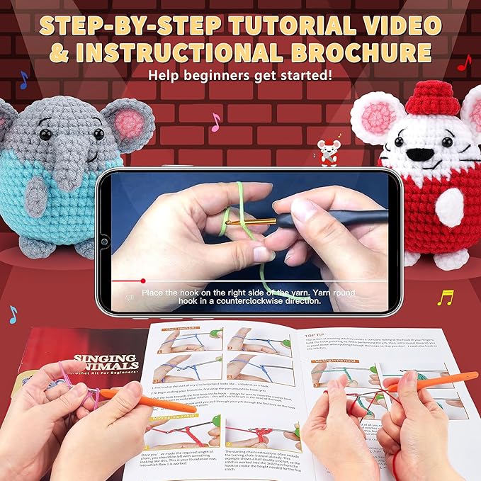 Crochet Kit for Beginners - 4 PCS Crochet Starter Kit with Step-by-Step Video Tutorials, for Adults Kids - Elephant Mouse Pig Koala Microphone Crocheting Set-CubbioJoy