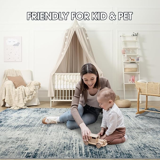 5x7 Area Rugs for Living Room Bedroom, Abstract Washable Rugs with Non-Slip Backing, Stain Resistant Indoor Floor Carpet for Dining Room Table Nursery Hallway Home Office-Blue/Ivory-CubbioJoy