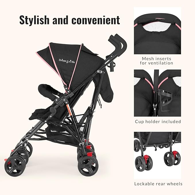 Dream On Me Volgo Twin Umbrella Stroller in Pink, Lightweight Double Stroller for Infant & Toddler, Compact Easy Fold, Large Storage Basket, Large and Adjustable Canopy-CubbioJoy