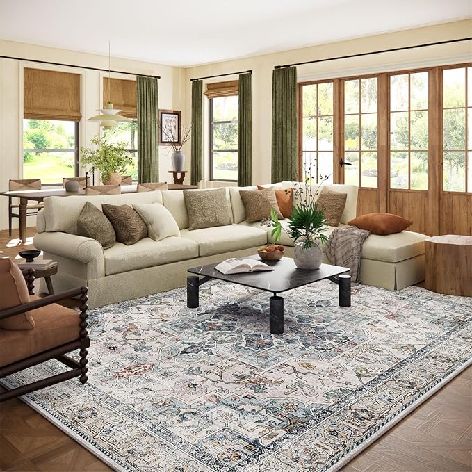 9x12 Area Rugs for Living Room: Washable Bedroom Rug Boho Vintage Rugs Stain Resistant Non Slip Low Pile Soft Lightweight Carpet for Kitchen Dining Room Farmhouse Nursery Kids Room Home Office-CubbioJoy