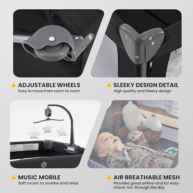 2-in-1 Pack and Play with Mattress,Baby Bassinet Bedside Sleeper, Bedside Bassinet & Baby Playpen, Easy Folding Portable Crib for Newborn to Toddlers (Dark Grey)-CubbioJoy