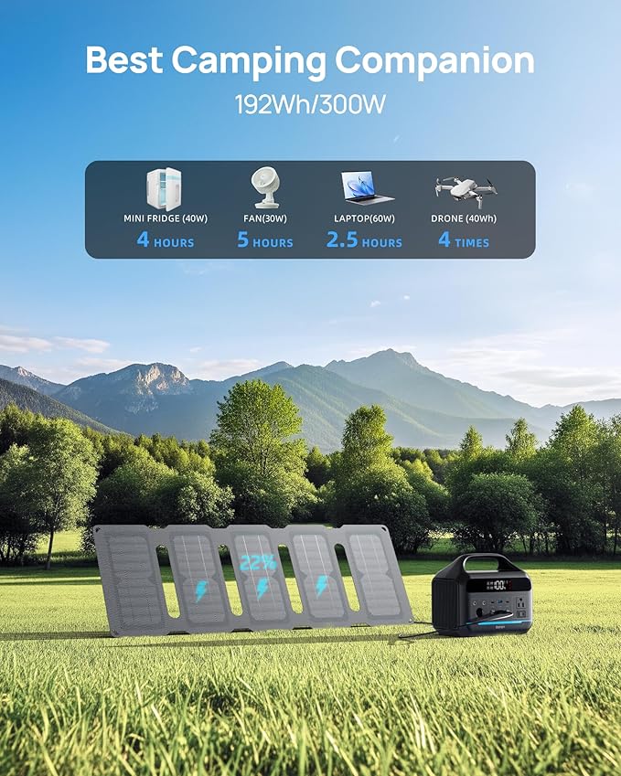 DARAN Solar Generator 192Wh with 30W Solar Panel, Portable Power Station 300W (600W Surge), 8 Outputs LiFePO4 Battery, Portable Charger for Camping, Emergency, Outdoor Off-Grid Use-CubbioJoy