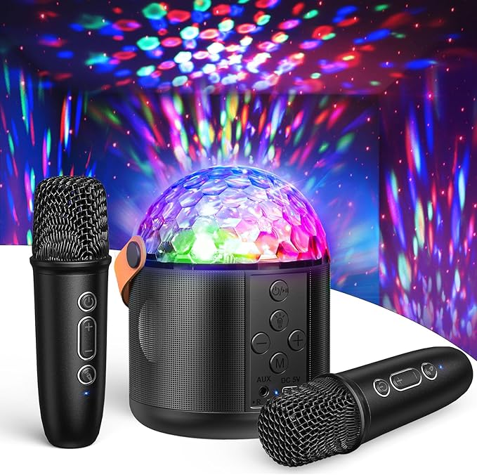 Karaoke Machine with Disco LED Lights for Adults Kids, Portable Bluetooth Speaker with 2 Wireless Microphone Toys Gifts for Girls Boys Birthday Family Home Party-CubbioJoy