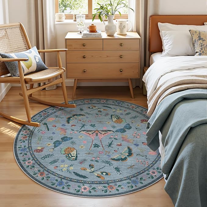4ft Washable Round Rug - Bug Rugs for Living Room Non-Slip Low Pile Soft Ultra-Thin Machine Washable Circle Carpet for Bedroom, Entryway, Nursery, Kitchen, Home Office (4' Round Blue)-CubbioJoy