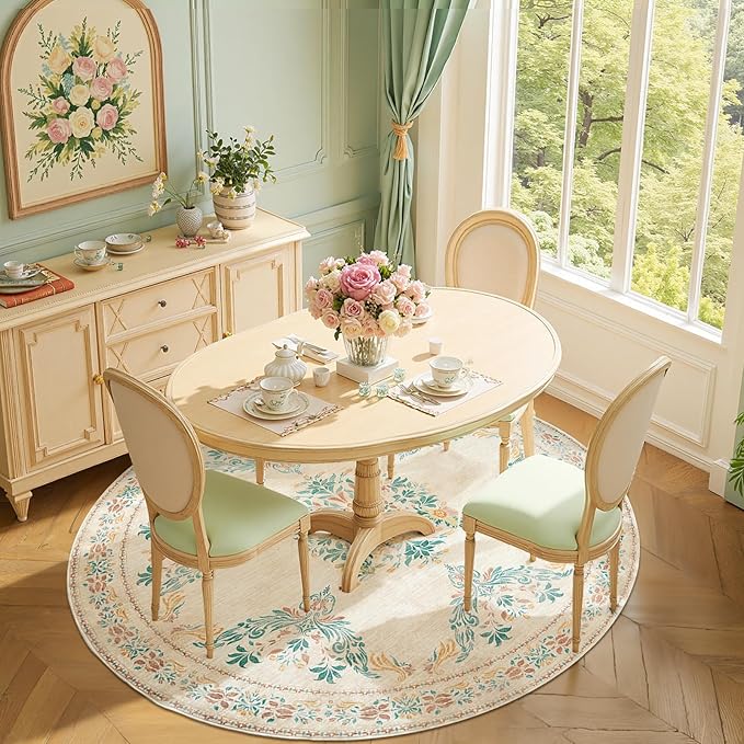 jinchan Round Rug 6ft Area Rugs Vintage Floral Distressed Design,Machine Washable Soft Non-Slip Low-Pile Ultra-Thin Circle Rug for Bedside Living Room Dining Room Bedroom (6' Round, Apricot Multi)-CubbioJoy