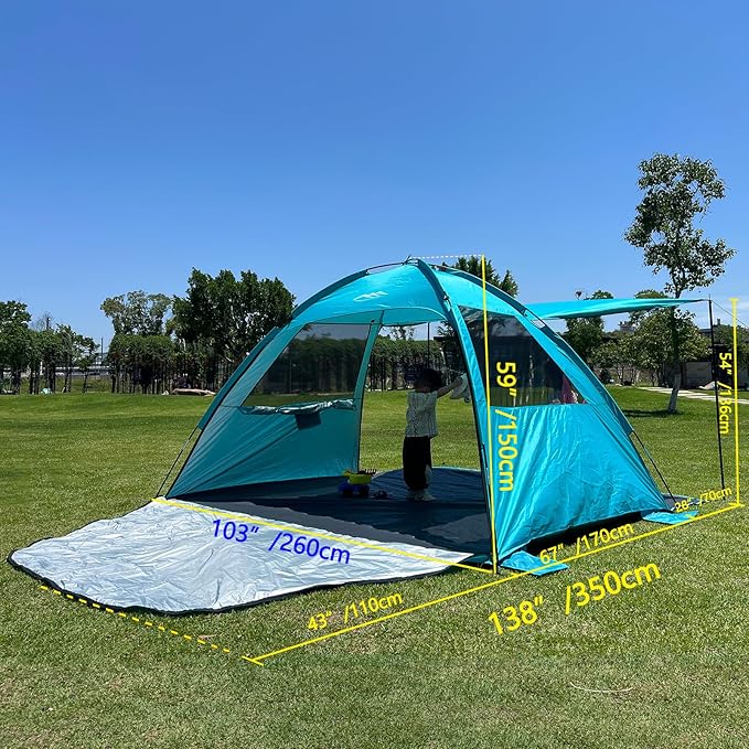 DLUCKY Beach Tent for 1/2/3/4/5/6 Person,Anti-UV Portable Sun Shade ShelterUPF 50+,Both Sides Extendable Floor,Extendable Awning,with 2 Ventilating Mesh Windows,Lightweight & Easy Setup.-CubbioJoy