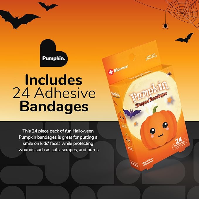 BioSwiss Bandages, Halloween Pumpkin Shaped Self Adhesive Bandage, Latex Free Sterile Wound Care, Fun First Aid Kit Supplies for Kids, 24 Count-CubbioJoy