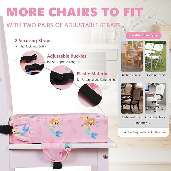 Booster Seat for Kitchen Chair with Adjustable Straps, Toddler Booster Seats for Dining Table Portable for Travel Camping Eating, Booster Cushion for Table for Baby Child Infant Kid Boy Girl-CubbioJoy