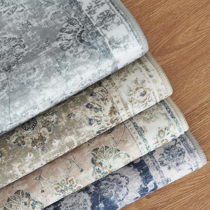 jinchan Hallway Runner Rug 3x8 Washable Runner - Vintage Floral Non Slip Low-Pile Soft Thin Faux Wool Kitchen Rug Distressed Carpet for Farmhouse Bedroom Laundry Room(3x8ft,Grey)-CubbioJoy