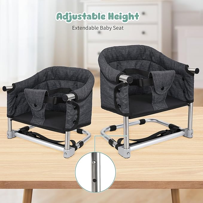 Booster Seat for Dining Table: Portable Toddler Booster Chair with Safety Buckle and Height Adjustable, Foldable Baby Feeding Chair, Kids High Chair Booster Seat for Kitchen Home Travel - Black-CubbioJoy
