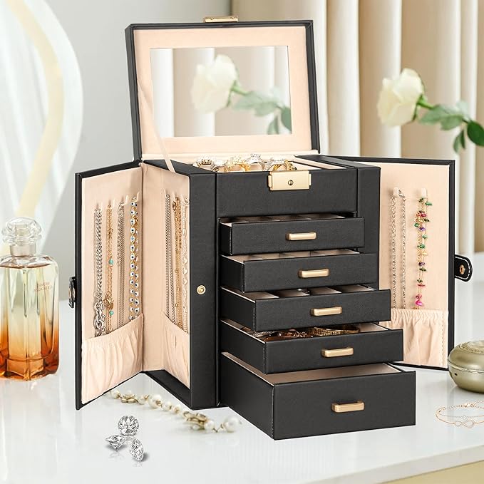 AKOZLIN 6-Tier Jewelry Box Lockable Leather Jewelry Storage Case with 5 Drawers for Women Girls Ring Necklace Earring Bracelet Holder Organizer with Mirror-CubbioJoy