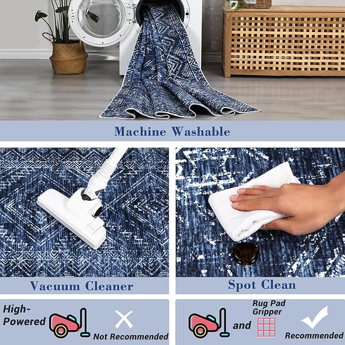 COZYLOOM Washable Runner Rug 2x6 Vintage Non Slip Low Pile Rug Soft Throw Floor Cover Geometric Tribal Foldable Indoor Carpet for Living Room Bedroom Playroom Nursery, Blue-CubbioJoy