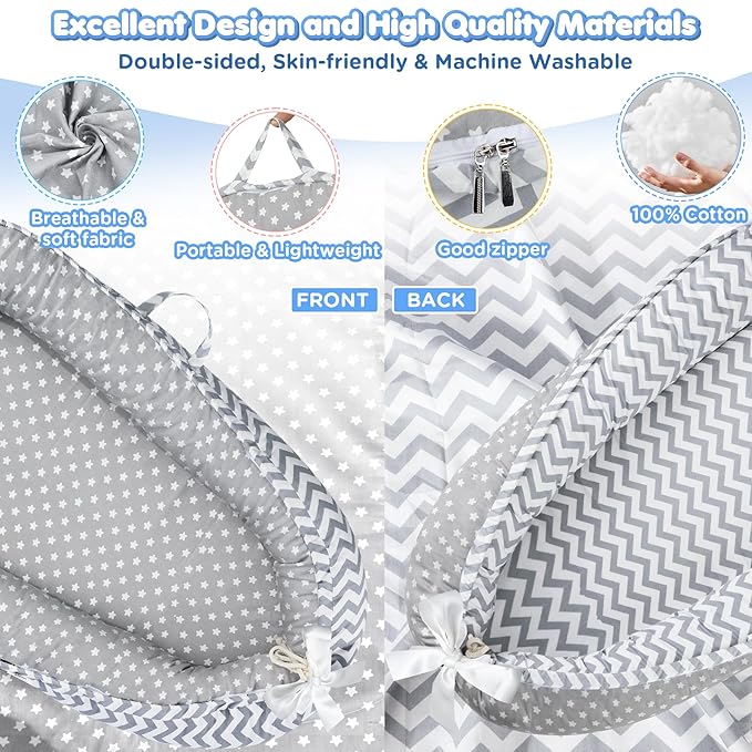 Baby Lounger - Baby Lounger for Newborn 0-24 Months, Breathable and Soft Cotton Cover Baby Nest, Portable Cozy Tummy Time Lounger for Home and Travel, Ideal Baby Essentials & Shower Gifts-CubbioJoy