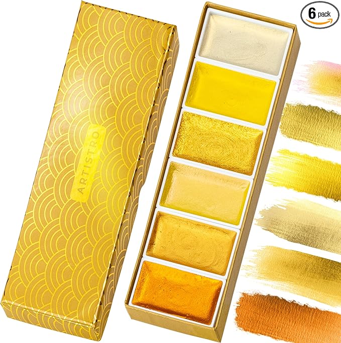 ARTISTRO Professional Metallic Watercolor Paint Set for Adults - 6 Pigment-Rich Gold Colors, XL Pans, ASTM-I Lightfastness, High Tinting Strength Watercolor Set for Professionals made by professionals-CubbioJoy