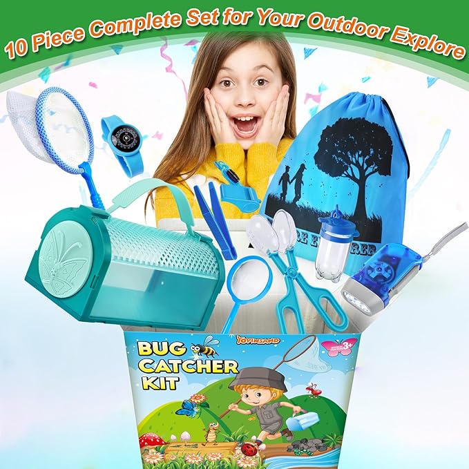 Bug Catcher Kit & Outdoor Explorer Kit for Kids, 10 Pcs Bug Catching Kit with Toy Cage, Backpack, Flashlight, Manifying Glass, Toy Net, Outdoor Exploration Toys Gift for Boys Girls 3-12-CubbioJoy