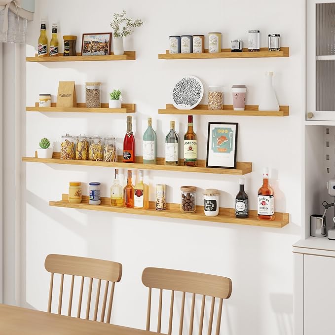 Axeman Picture Ledge Shelf, Floating Shelves for Wall Decor Storage Set of 6, 55 inch Floating Wall Mounted Shelves, Shelves with Lip for Living Room, Bedroom, Nursery, Bathroom, Kitchen, Oak-CubbioJoy