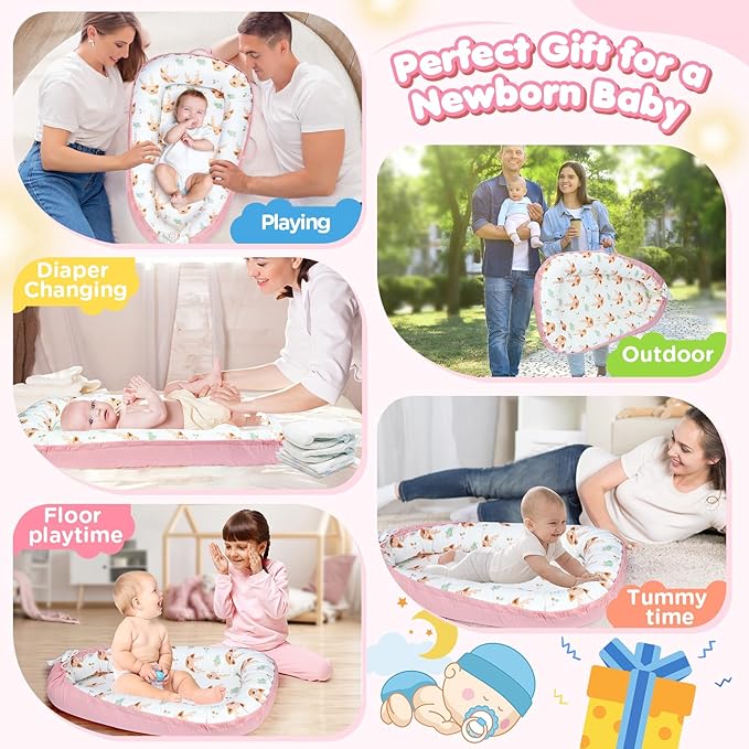 Baby Lounger - Baby Lounger for Newborn 0-24 Months, Breathable and Soft Cotton Cover Baby Nest, Portable Cozy Tummy Time Lounger for Home and Travel, Ideal Baby Essentials & Shower Gifts-CubbioJoy