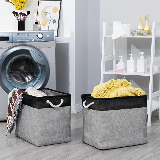 Bidtakay Storage Baskets Extra Large Baskets for Organizing Grey Rectangle Laundry Basket Linen Fabric Bins Set of 2 Clothes Baskets for Closet Shelves Hallway Bedroom Toy Organizer 17x12x15 In-CubbioJoy