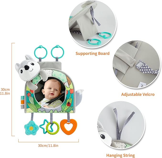 Car Seat Toy, Car Mirror for Baby, Baby Mirror for Car, Baby Car Mirror for Baby Rear Facing, Travel Baby Activity Center with Hanging Engaging Toys for infants Babies 0-6-12-18 Months Boy Girl-CubbioJoy