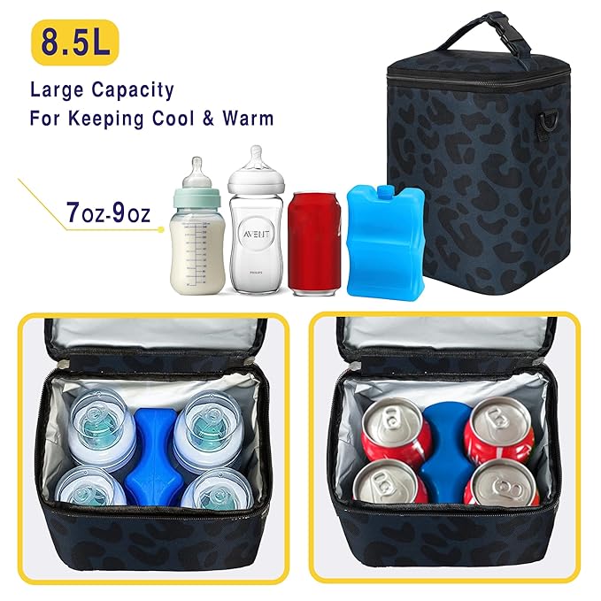 Breastmilk Cooler Bag with Ice Pack Fits 4 Bottles Up To 9 Ounce Insulated Breast Milk Cooler on the Go with Strap Baby Bottle Cooler Bag for Nursing Mom Daycare or Travel-CubbioJoy