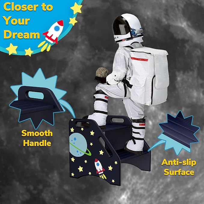 AMBIRD Toddler Step Stool, Space Wooden Two Step Stool for Kids with Non-Slip Pads, Portable Potty Training Stool with Handles for Bathroom, Sink, Kitchen, Bedroom-CubbioJoy