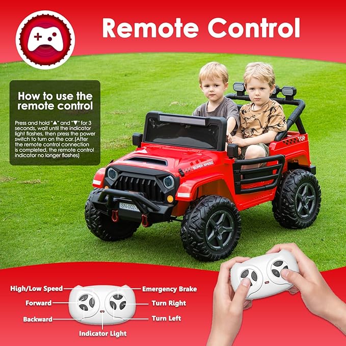 24V 2 Seater Ride On Truck with Remote Control 4WD Electric Car for Kids Ride On Car Battery Powered Ride On Toy Car with Music Player, LED Lights, Bluetooth, Rear Shock Absorber, Red-CubbioJoy