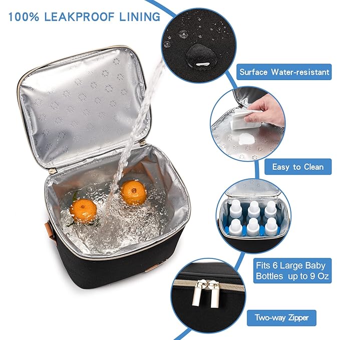 Breastmilk Cooler Bag with Ice Pack Fits 6 Baby Bottles Up to 9 Ounce, Baby Bottle Bag with Shoulder Strap for Nursing Mom Daycare, Black-CubbioJoy