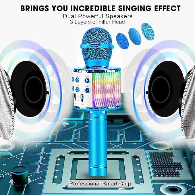 BlueFire 4 in 1 Karaoke Wireless Microphone with LED Lights, Portable Microphone for Kids, Great Toys for Kids, Girls, Boys and Adults (Blue)-CubbioJoy