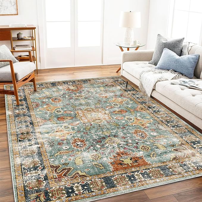 Area Rug 8'x10' Washable Rug Vintage Traditional Mat Distressed Indoor Foldable Thin Retro Accent Floral Print Non Slip Carpet for Living Room Dining Room Office-CubbioJoy