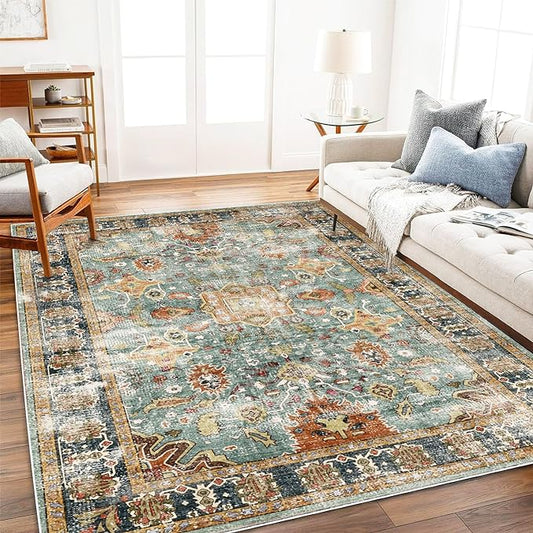 Area Rug 8'x10' Washable Rug Vintage Traditional Mat Distressed Indoor Foldable Thin Retro Accent Floral Print Non Slip Carpet for Living Room Dining Room Office-CubbioJoy
