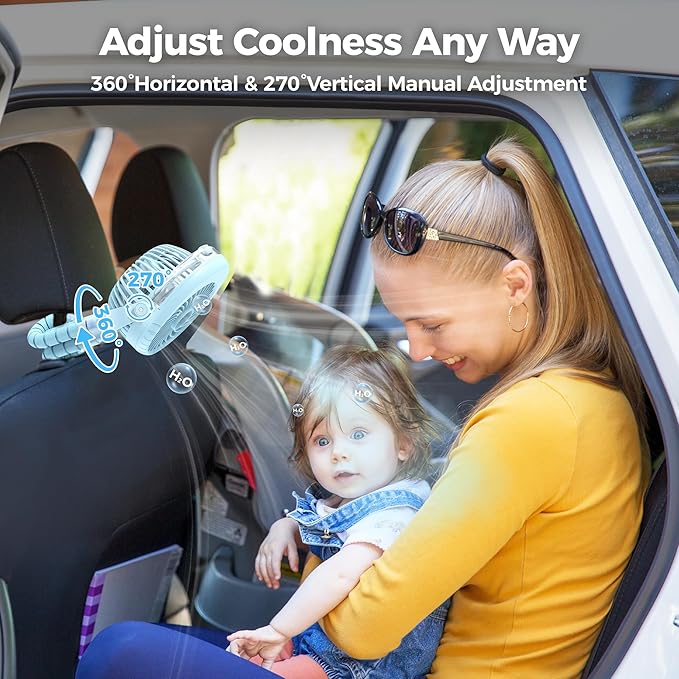 2025 Upgarded 4000mAh Misting Baby Stroller Fan, Rechargeable Battery Operated,Max 15Hrs Cooling,50ml Portable Water Sprayer Misting Fan with Flexible Tripod Clip on Car Seat Crib Treadmill Bunk Bed-CubbioJoy