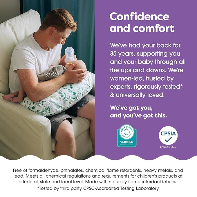 Boppy Nursing Pillow - Ergonomic Bottle & Breastfeeding Pillow with High, Firm, Large Area, Water-Repellent Cushion with Washable Cover; Baby Safety Alliance Verified - Sage Green Leaf-CubbioJoy