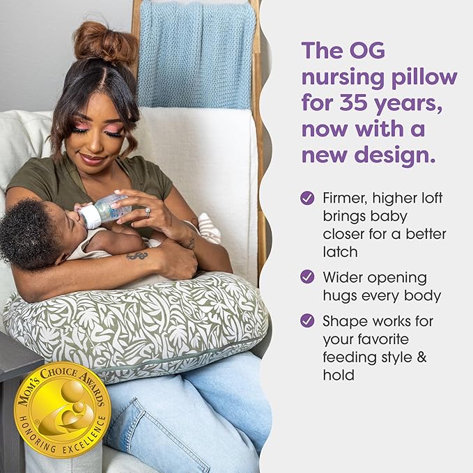 Boppy Nursing Pillow - Ergonomic Bottle & Breastfeeding Pillow, Higher, Firmer & Larger, Water-Repellent with Washable Organic Cotton Cover, Baby Safety Alliance Verified - Green Cut Out Leaves-CubbioJoy