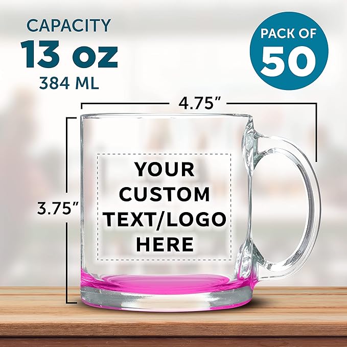 Custom Libbey Clear Glass Coffee Mugs 13 oz. Set of 50, Personalized Bulk Pack - Perfect for Coffee, Tea, Espresso, Hot Cocoa, Other Beverages - Pink Bottom-CubbioJoy
