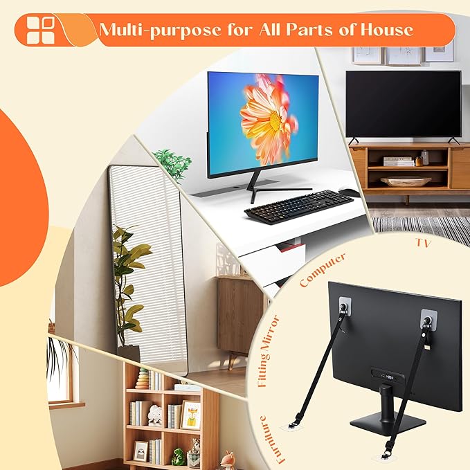 2 Pack TV Safety Straps Adjustable, Adhesive Anti-Tip Furniture Anchor for Flat Screen, TV and Furniture Safety Straps for Baby Proofing, Black-CubbioJoy