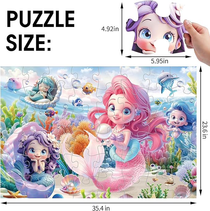 Jumbo Floor Puzzle for Toddlers & Kids Ages 3-5, 48-Piece Mermaid and Underwater Large Jigsaw Puzzle with Educational Fun, Great Gift for Boys & Girls Ages 4-8-CubbioJoy
