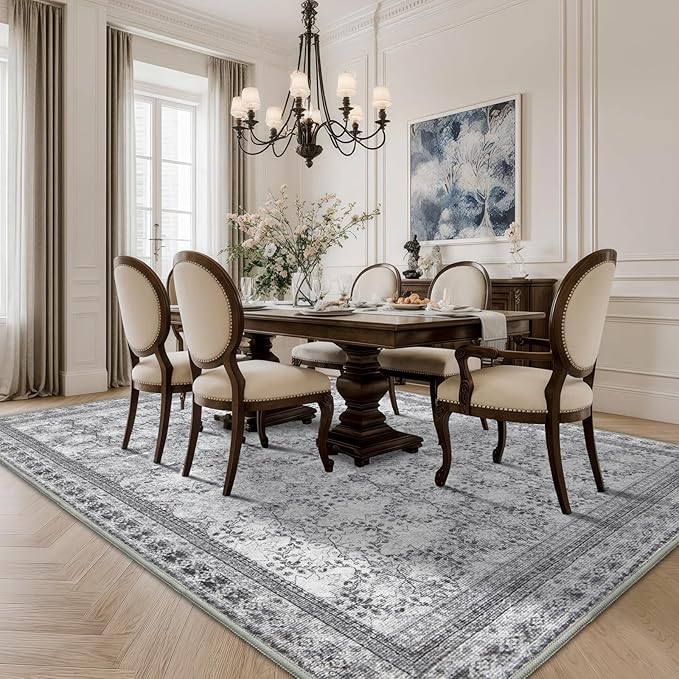 4x6 Area Rug for Bedroom Machine Washable, Non Slip Vintage Floral Kitchen Rugs for Dining Room,Rustic Indoor Floor Carpet for Kids Room, Playroom, Office Classroom Faded Grey-CubbioJoy