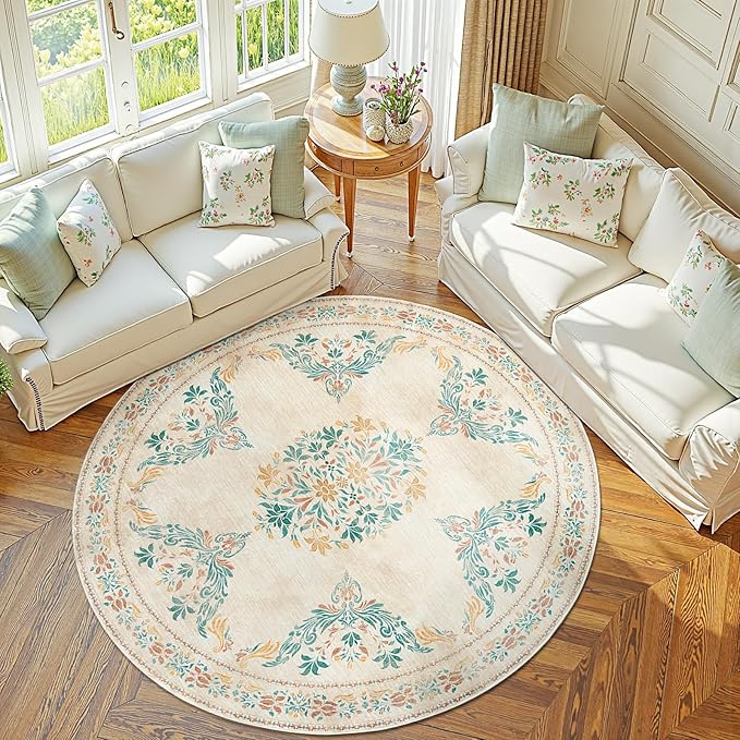 jinchan Round Rug 6ft Area Rugs Vintage Floral Distressed Design,Machine Washable Soft Non-Slip Low-Pile Ultra-Thin Circle Rug for Bedside Living Room Dining Room Bedroom (6' Round, Apricot Multi)-CubbioJoy