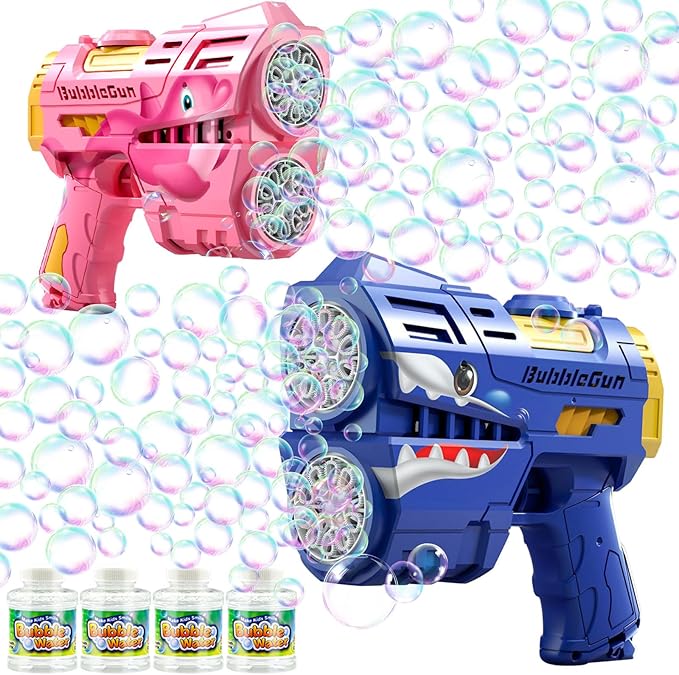 2 Pack Bubble Guns for Kids, LED Light Up Rechargeable Bubbles Machine Blower with 4 Bottles Refill Solution, Toddlers 4-8 Wedding Birthday Easter Party Gift-CubbioJoy