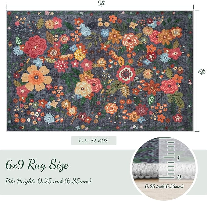 Area Rug Living Room Rugs: 6x9 Washable Rug Vintage Floral Soft Boho Non Slip Carpet Indoor Floor Non Shedding Low Pile Thin Carpets for Bedroom Dining Room Farmhouse Nursery Home Office Black-CubbioJoy